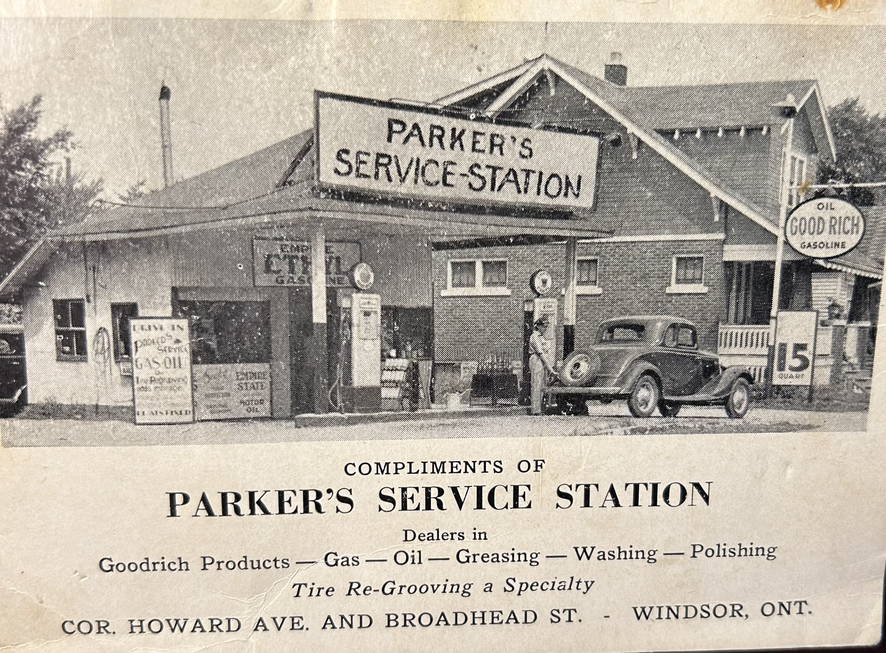 Advertisement likely from the 1940s for Parker's Service Station, with a man filling up a car with gas. 