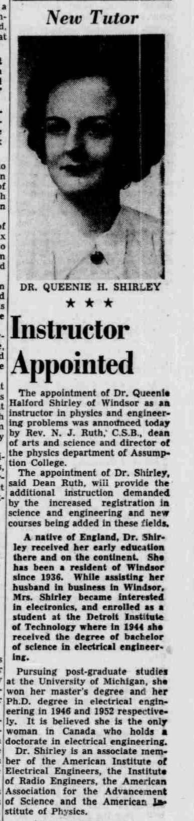 Dr. Queenie Halford Shirley Assumption College Appointment