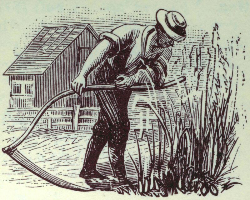 A man is standing in the foreground bent slightly forward with a scyth in his hands and looks like he's about to cut the long grass in front of him. There's a farm house visible in the background. 