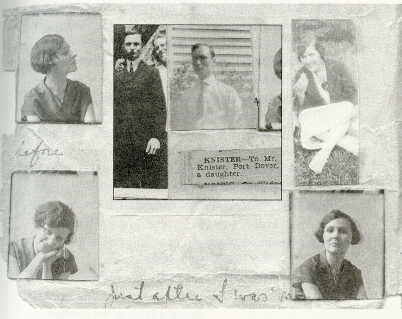 There are four photos of a younger Myrtle Grace, and two photos of Raymond Knister, and a newspaper clipping reading "KNISTER-To Mr. Knister Port Dover, a daughter," all pasted on to a white paper. Two portraits of Myrtle are on the left and say "before" between them. The other two are on the left, one of her smiling at the camera and another portrait. The sentence "Just after I was m[arried]" is covered by the second. The two photos of Knister are in the middle, a narrow strip of him in a black suit and a portrait of him looking away from the camera. 