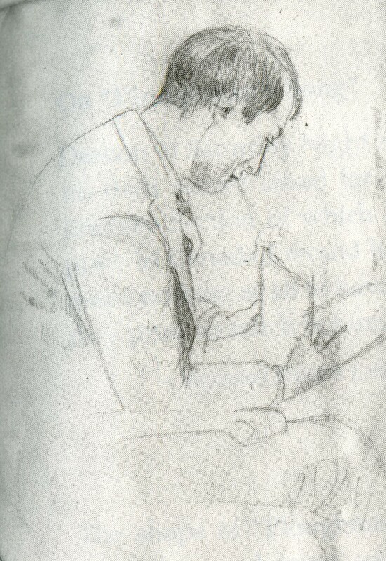 Pencil sketch of Raymond Knister seated and writing, at a side profile. There's more detail on the face and front body than in the back. 