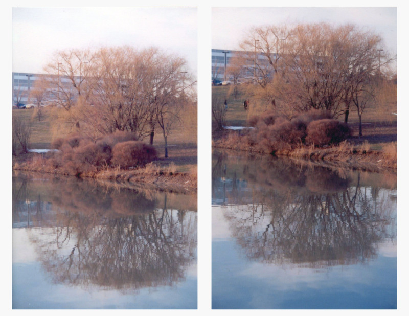Two photos beside each other of the back of the Toronto campus of York University. The river is in the foreground, with a few trees and bushes in shades of yellow and brown, with a building visible up a small slope in the background. The two photos are almost identical but the one on the right has more saturated colors.  