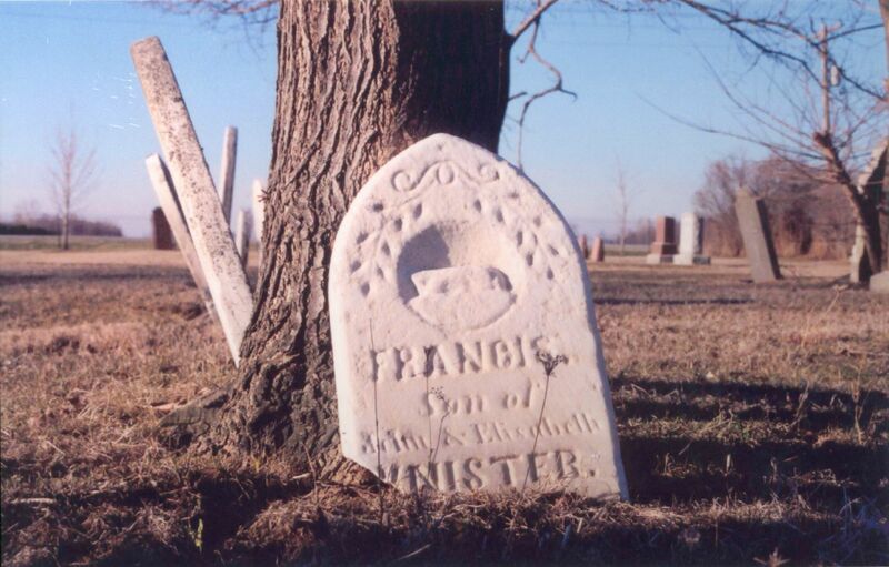 The gravestone is a weathered white and there is a tree and a row of graves behind it perpendicular to this one. 