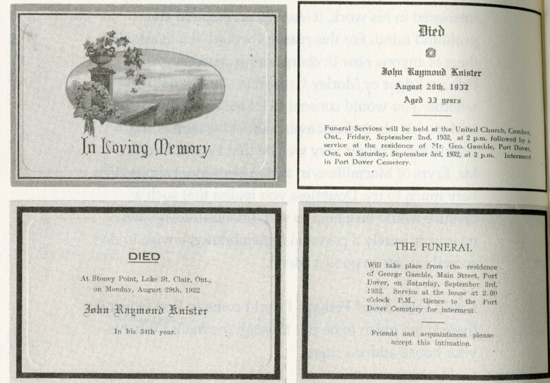 There are four rectangular text panels, the first on the top left has an oval with an illustration of a sky, a pillar with a pot of ivy on top and wreath, with the words "In Loving Memory." The top right is an orbituary statement with the date and location of the funeral. The bottom left gives information about when and where Knister died. The bottom right is the same information about the whereabouts of the funeral. 