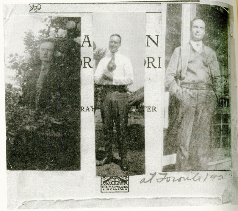 A collage of three narrow vertical black and white photos of Raymond Knister pasted on a page with obscured writing. The photo on the far left has him standing behind a bush in front of a flower tree, looking directly at the camera with a serious look. The middle photo has him standing holding on to the cuff of his right arm with his left, smiling. The one on the left has him in a casual pose with his hands in his pockets looking relaxed in a jacket and vest. The caption under the left one reads "at Toronto 1923" 