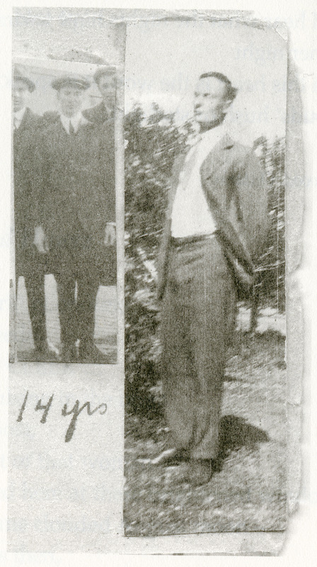 Two faded narrow vertical black and white photos of Raymond Knister are pasted to a sheet of white paper. The one of the left has him in a suit and beret surrounded by other youths, with the handwritten caption "14 yrs." The one on the right is an older Knister, still in a suit, this time with the jacket open, staring forward and to the left of the photo. 