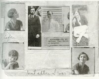 There are four photos of a younger Myrtle Grace, and two photos of Raymond Knister, and a newspaper clipping reading "KNISTER-To Mr. Knister Port Dover, a daughter," all pasted on to a white paper. Two portraits of Myrtle are on the left and say "before" between them. The other two are on the left, one of her smiling at the camera and another portrait. The sentence "Just after I was m[arried]" is covered by the second. The two photos of Knister are in the middle, a narrow strip of him in a black suit and a portrait of him looking away from the camera. 