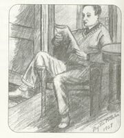 Pencil sketch of Raymond Knister sitting in a chair with one leg over the arm, leaning to the side comfortably reading the paper. There's a table partially visible beside him. At the bottom right corner there's handwritten "Myrtle Knister 1927".